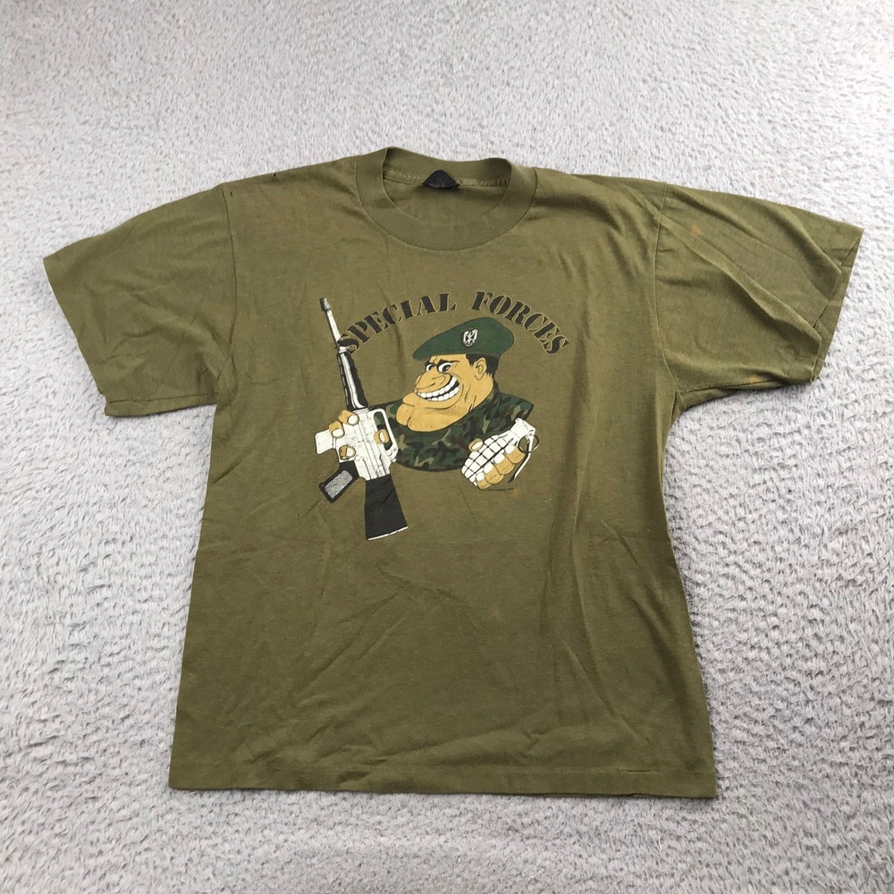 Vtg 80s Com Land Shirt Boys 18-20 Mens XS Green Special Forces Military Graphic